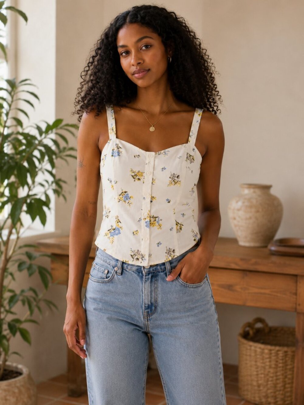 Levi's Adore Bustier Top NWT Size XL Floral Corset Cream Cotton Smocked Back